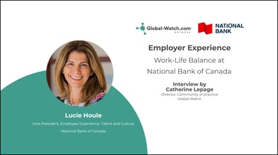 Webinar announcement featuring Lucie Houle on work-life balance at National Bank of Canada, hosted by Global-Watch.com.